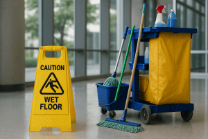 CALIFORNIA JANITORS: WHAT YOU MAY NEED TO KNOW 1 JANITORIAL CLEANING CART WITH MOP, BUCKET, SPRAY BOTTLES, AND CLEANING SUPPLIES NEXT TO A YELLOW 'CAUTION WET FLOOR' SIGN IN A MODERN, SUNLIT OFFICE BUILDING CORRIDOR.